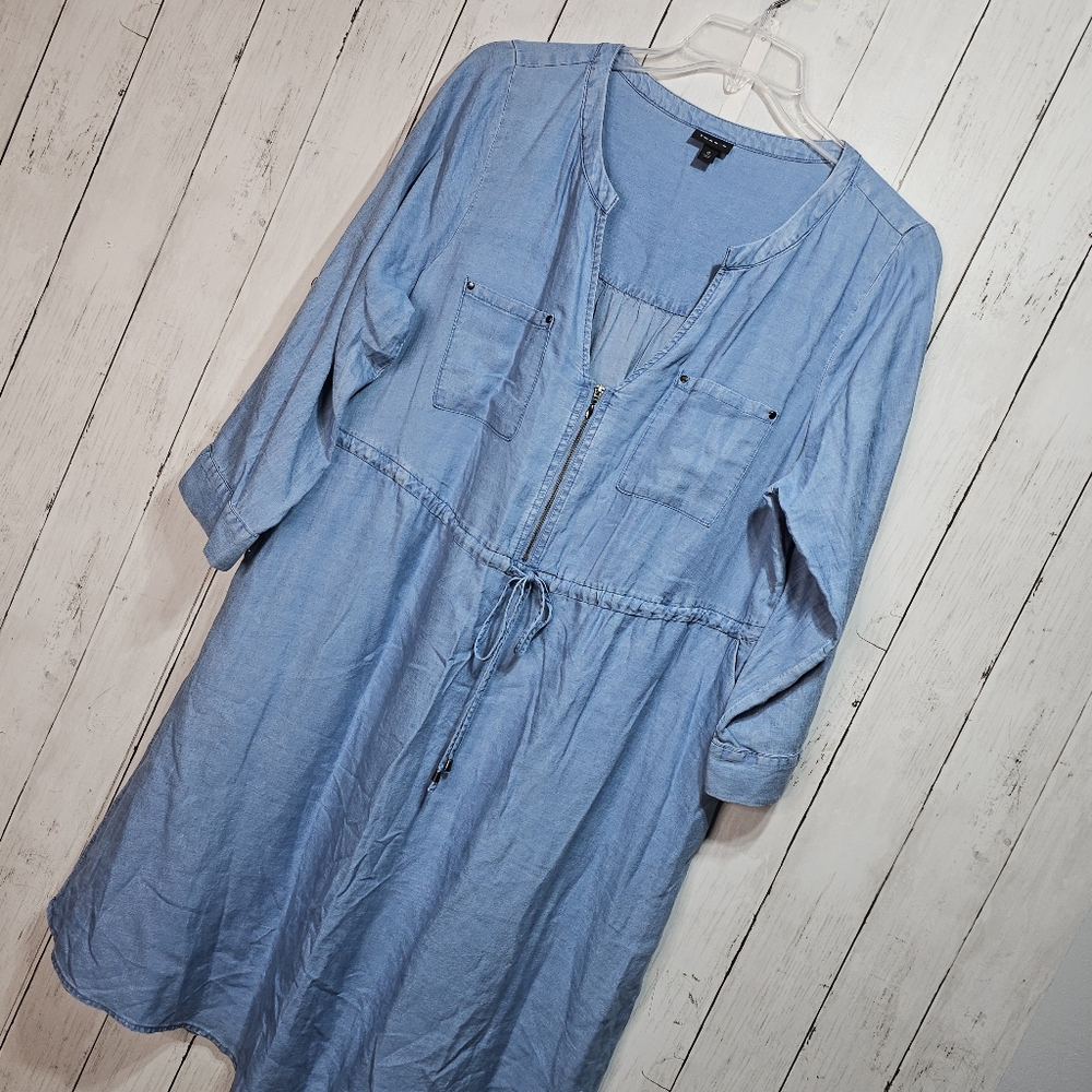 Torrid Women's Blue Chambray Split Neck Zip Roll Tab Sleeves Dress Size 0X Large - Picture 5 of 11